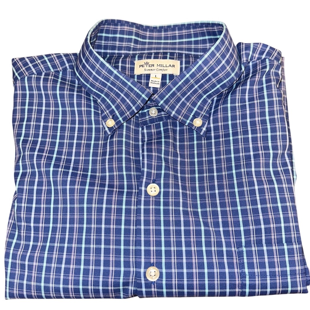 Peter Millar Summer Comfort Men's L Blue Plaid Performance Button Down Shirt